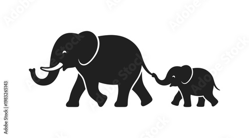 Black silhouette of an adult elephant and a baby elephant walking together