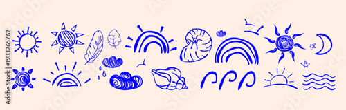 Summer Naive art style tropical doodle elements set with sun, seashells, ocean waves, tropical leaves, for icons, stickers, prints, packaging branding, stationery, and vacation themed design.Vector