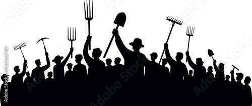 Silhouette of farmers holding agricultural tools in unity, rural workers, farming community, labor strength and teamwork isolated on white background