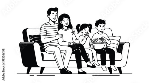 A family of four sitting on a couch eating popcorn and watching tv together in a cozy living room setting