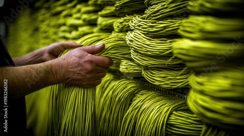 Lowlight hands bundling neon cables rapidly on busy assembly line, motion blur suggesting speed, sleeves rolled up and focused dexterity under production pressure during night shift