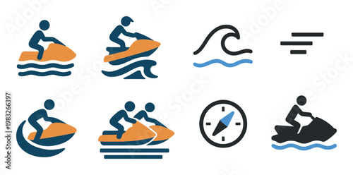 Personal watercraft riding icons on white background