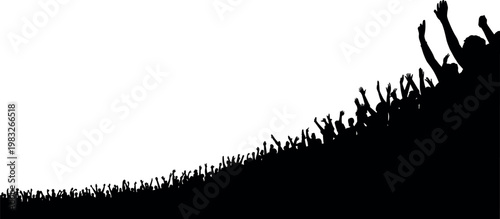 Silhouette of large crowd cheering with raised hands forming perspective wave, excitement, celebration, event energy isolated on white background