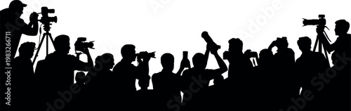 Silhouette of media photographers and videographers capturing news event, paparazzi crowd with cameras recording press conference isolated on white background