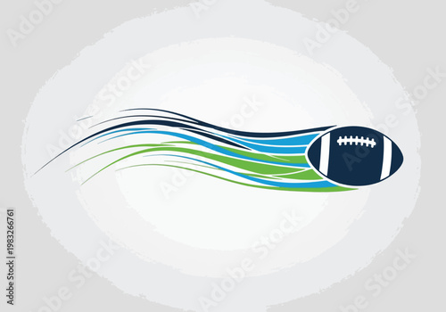 American football in motion with dynamic blue and green speed streaks on a light gray background, symbolizing speed and athleticism.