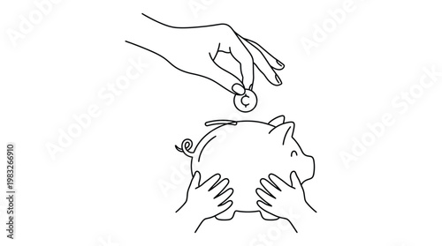 A hand putting a coin into a piggy bank held by two hands in a simple line drawing style