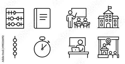 Education icons depicting learning activities in classroom