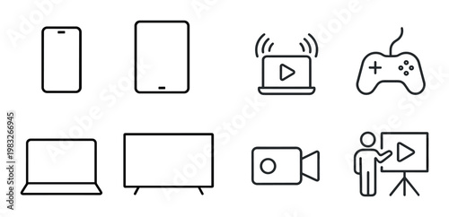 Electronic device icons showing media and gaming symbols