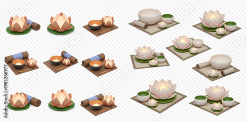 Set of 3D Rendered Spa and Wellness Elements with Lotus Flowers and Candles.