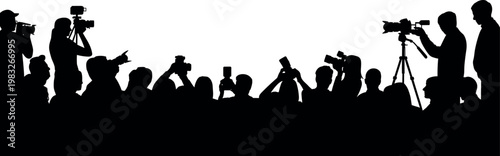 Silhouette of photographers and videographers with cameras covering media event, press conference, journalism, paparazzi crowd isolated on white background