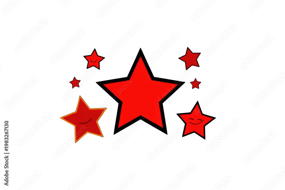 Fototapeta premium Red cartoon stars with smiling faces and black outline, some with an orange border, representing achievement and quality