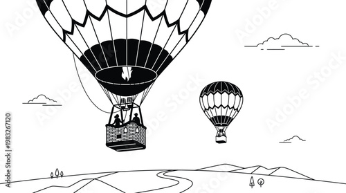 Black and white illustration of two hot air balloons flying over a scenic landscape with mountains and a winding river