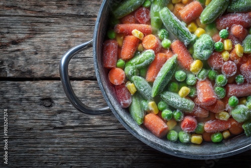 Colorful frozen vegetables in a black pot on a rustic wooden table, ready for cooking