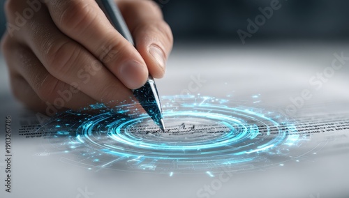 Close up of a hand signing a document with futuristic digital technology overlay