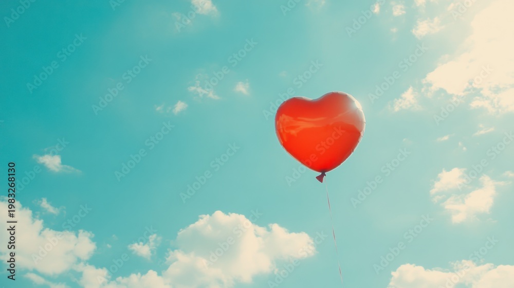 Fototapeta premium Red heart shaped balloon floating in the blue sky