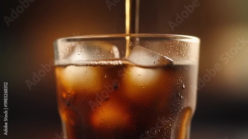 Cold Soft Drink With Ice Cubes Being Poured Into Glass