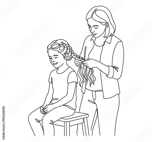 Woman braiding a young girls hair while she sits on a stool