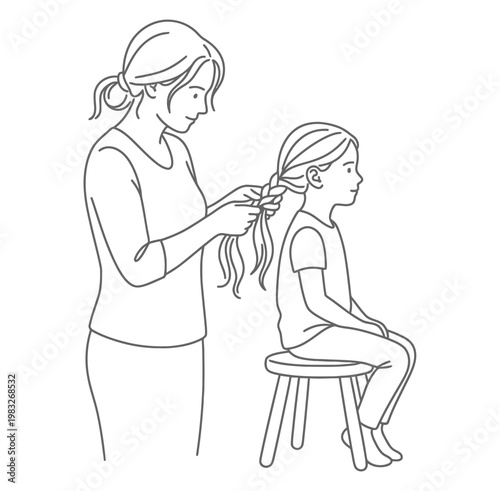 Woman braiding a young girls hair while she sits on a stool