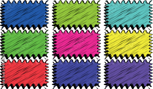 A vibrant composition featuring nine colorful squares each with a distinctive jagged or serrated edge set against a white background. The squares are filled with a scribbled texture in various bright 