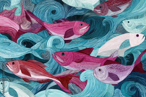 Colorful Fish Swimming in Abstract Waves Illustration Context