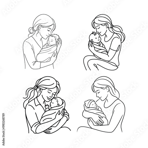 Line drawings of mothers holding and cuddling their newborn babies in various poses and outfits