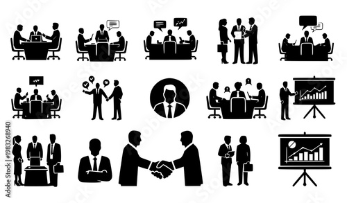 Black and White Business People Meeting Concepts Silhouette Set Corporate Teamwork Collaboration Vector Illustration