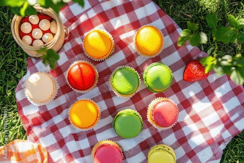 Colorful Macarons and Cupcakes on Picnic Blanket during Summer