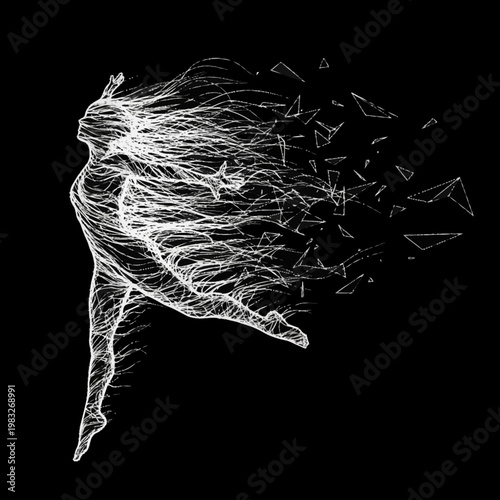 Abstract human form dissolving into geometric shapes.