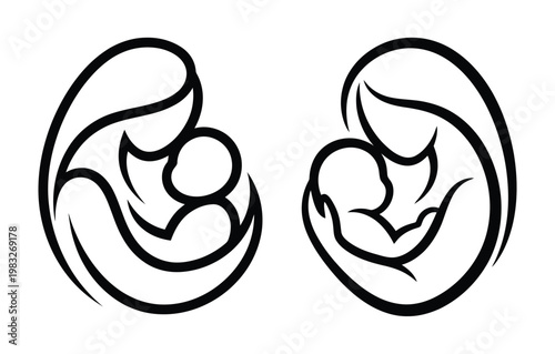 Vector illustration of two mothers holding their babies in a loving embrace