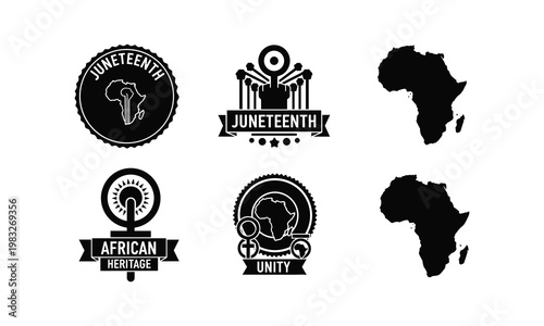 Juneteenth Africa continent map and heritage unity symbols vector set.
