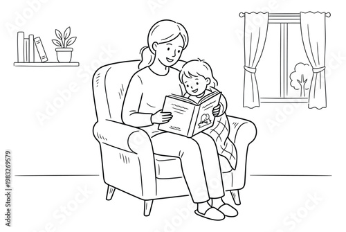 Woman reading a book to a little girl sitting on her lap in an armchair at home