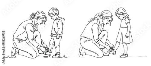 A mother helps her children tie their shoelaces in a line drawing illustration