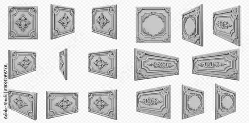 Set of isolated decorative plaster molding elements for interior design, 3D rendering.