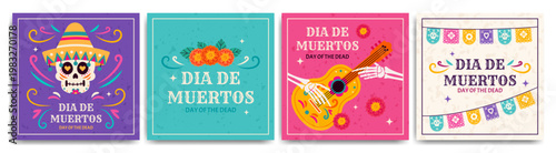Day of the Dead poster set with sugar skull, guitar, marigold flowers and papel picado decoration vector