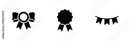 Three black silhouette icons for awards and celebrations: ribbon bow, medal, and bunting.