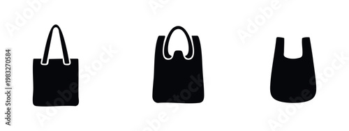 Three black silhouette icons of shopping bags and totes.