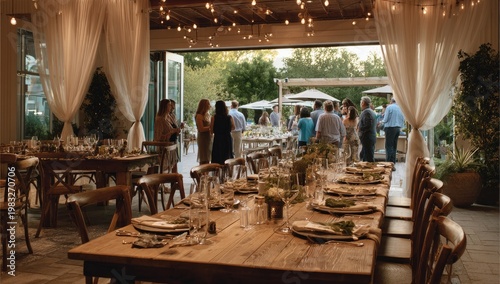 Outdoor dining event with long tables, draped curtains, and string lights