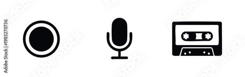 Three black silhouette icons for audio recording and playback.