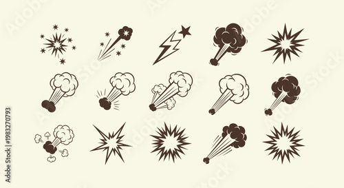 Collection of comic boom explosion blast and smoke cloud icons for game design and graphic effects