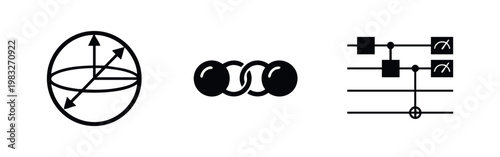 Icons representing quantum computing and abstract concepts.