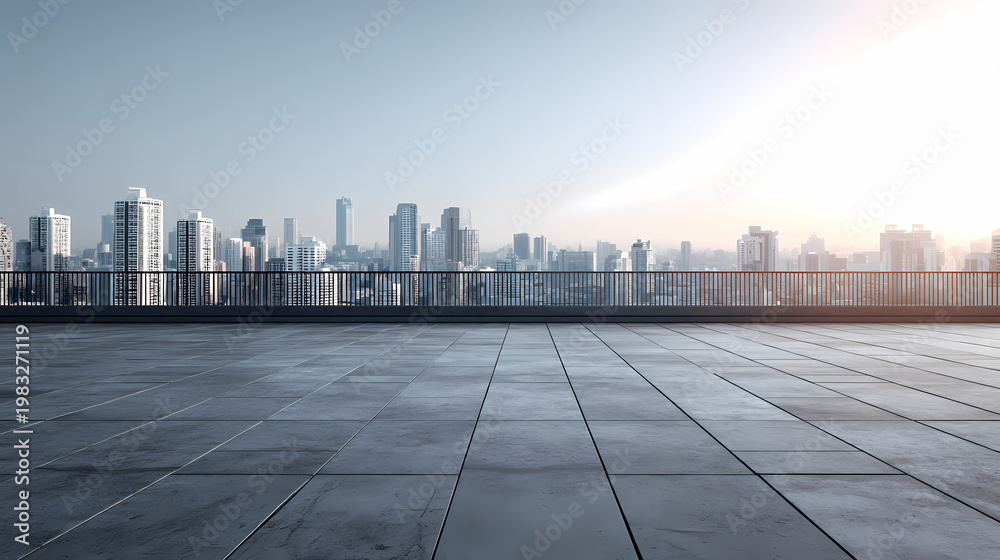 Obraz premium Empty Rooftop Terrace with City Skyline View