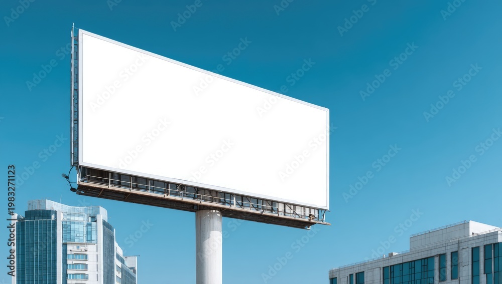 Fototapeta premium Large blank outdoor advertising panel stands tall against a clear blue sky