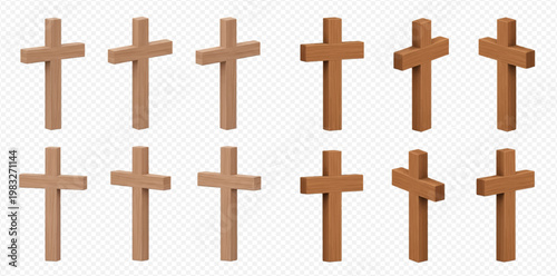 Collection of wooden crosses in various angles and shades, symbolizing faith and Christianity on a transparent background.