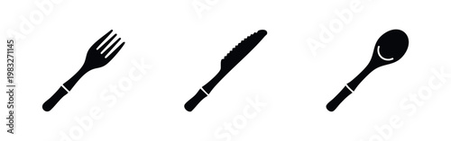 Fork, knife, and spoon icons on white background.