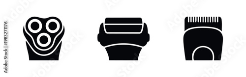 Electric shaver head, shaver body, and hair trimmer icons on white background.