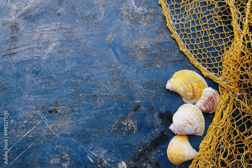Fishing Nets Spread on Dock with Shells in Tranquil Marine Setting