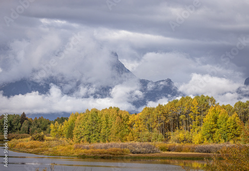 Autumn colours at sunrise at Oxbow Bend, Snake River, Wyoming, USA