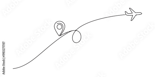 Symbolic travel journey vector illustration with airplane and destination icon.