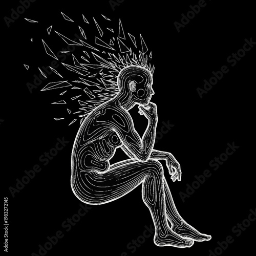 Man dissolving into abstract shapes contemplating existence.