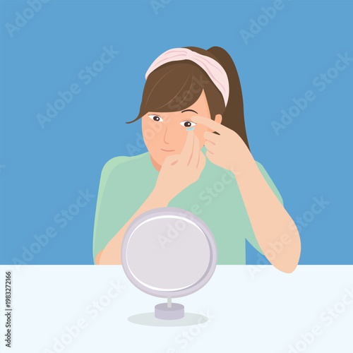 Young woman wearing contact lenses in front of a mirror illustration.